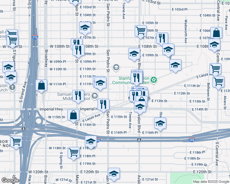 map of restaurants, bars, coffee shops, grocery stores, and more near 314 East 112th Street in Los Angeles