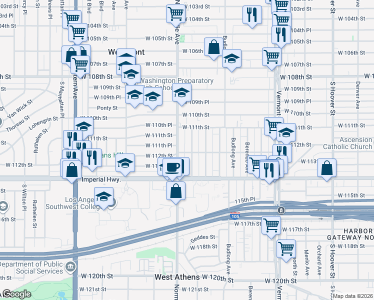 map of restaurants, bars, coffee shops, grocery stores, and more near 1327 West 112th Street in Los Angeles