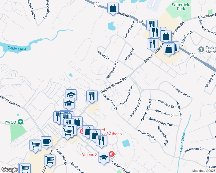 map of restaurants, bars, coffee shops, grocery stores, and more near 240 Cedar Pointe Drive in Athens