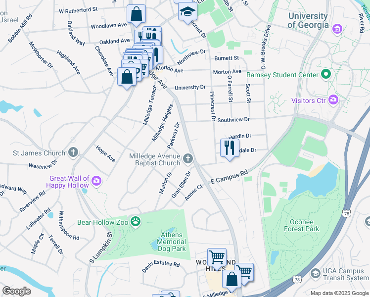map of restaurants, bars, coffee shops, grocery stores, and more near 415 Carlton Terrace in Athens