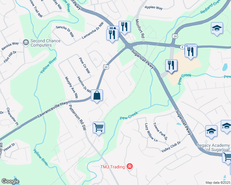 map of restaurants, bars, coffee shops, grocery stores, and more near 87 Davis Mill Court in Lawrenceville