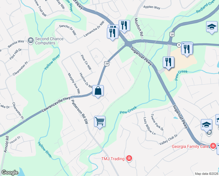 map of restaurants, bars, coffee shops, grocery stores, and more near 93 Davis Mill Court in Lawrenceville