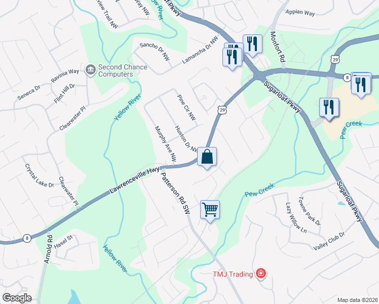 map of restaurants, bars, coffee shops, grocery stores, and more near 110 Huston Drive Northwest in Lawrenceville