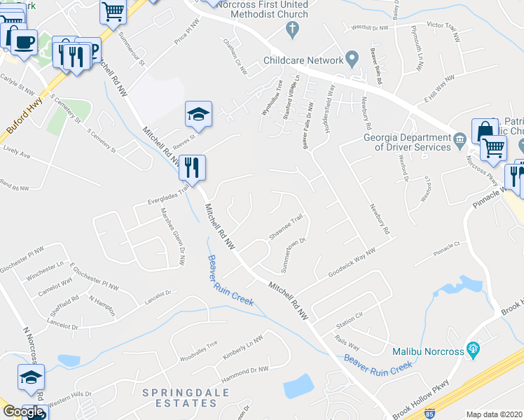 map of restaurants, bars, coffee shops, grocery stores, and more near 5565 Westberry Lane in Norcross