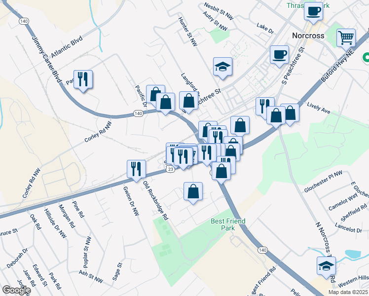 map of restaurants, bars, coffee shops, grocery stores, and more near 1004 South Peachtree Street in Norcross