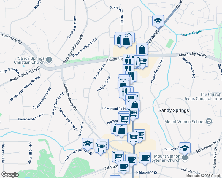 map of restaurants, bars, coffee shops, grocery stores, and more near 6505 Whispering Lane Northeast in Atlanta