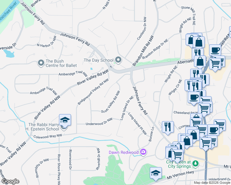 map of restaurants, bars, coffee shops, grocery stores, and more near 6540 Scott Valley Road Northwest in Atlanta