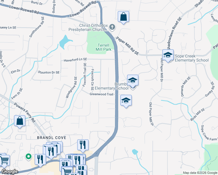 map of restaurants, bars, coffee shops, grocery stores, and more near 757 Huntington Place Southeast in Marietta