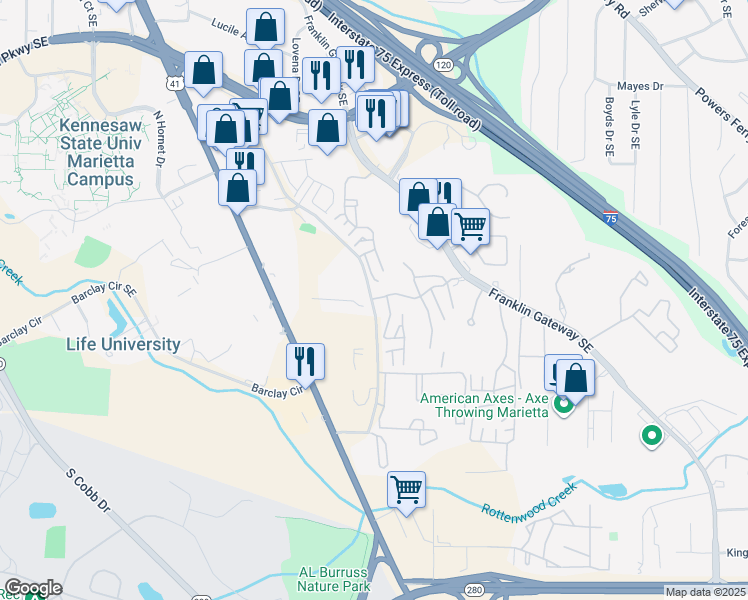 map of restaurants, bars, coffee shops, grocery stores, and more near 800 Wylie Road in Marietta