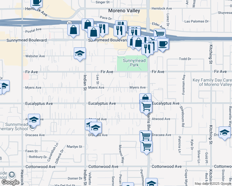 map of restaurants, bars, coffee shops, grocery stores, and more near 24755 Myers Avenue in Moreno Valley