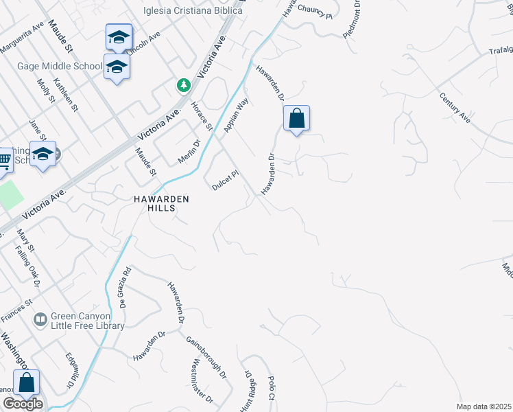 map of restaurants, bars, coffee shops, grocery stores, and more near 6320 Hawarden Drive in Riverside