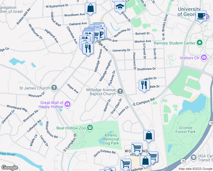 map of restaurants, bars, coffee shops, grocery stores, and more near 218 Parkway Drive in Athens