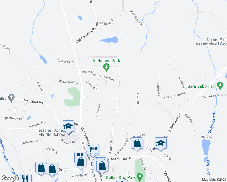 map of restaurants, bars, coffee shops, grocery stores, and more near 121 Haeven Trail in Dallas