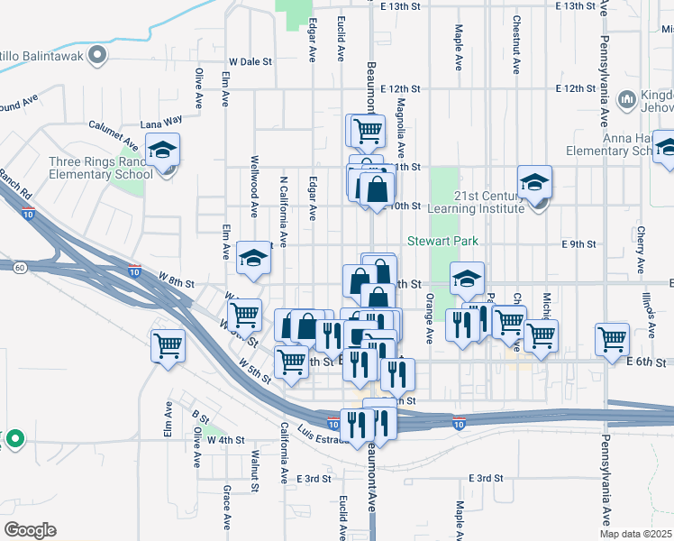 map of restaurants, bars, coffee shops, grocery stores, and more near 825 Euclid Avenue in Beaumont