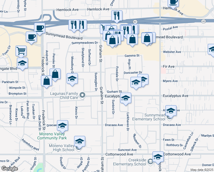 map of restaurants, bars, coffee shops, grocery stores, and more near 12930 Gorham Street in Moreno Valley