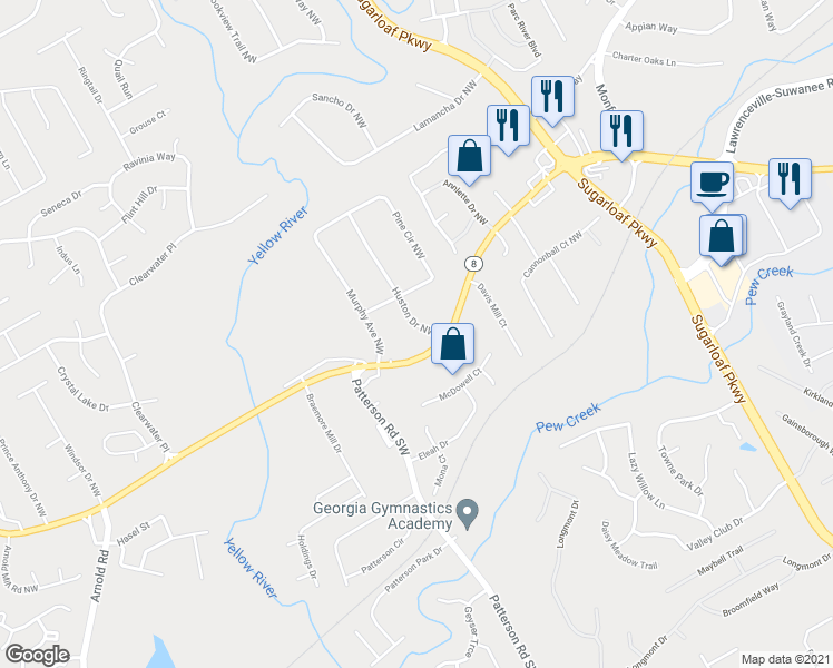 map of restaurants, bars, coffee shops, grocery stores, and more near 110 Huston Drive Northwest in Lawrenceville