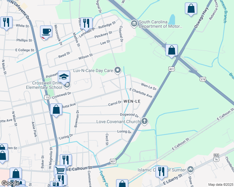 map of restaurants, bars, coffee shops, grocery stores, and more near 522 East Charlotte Avenue in Sumter