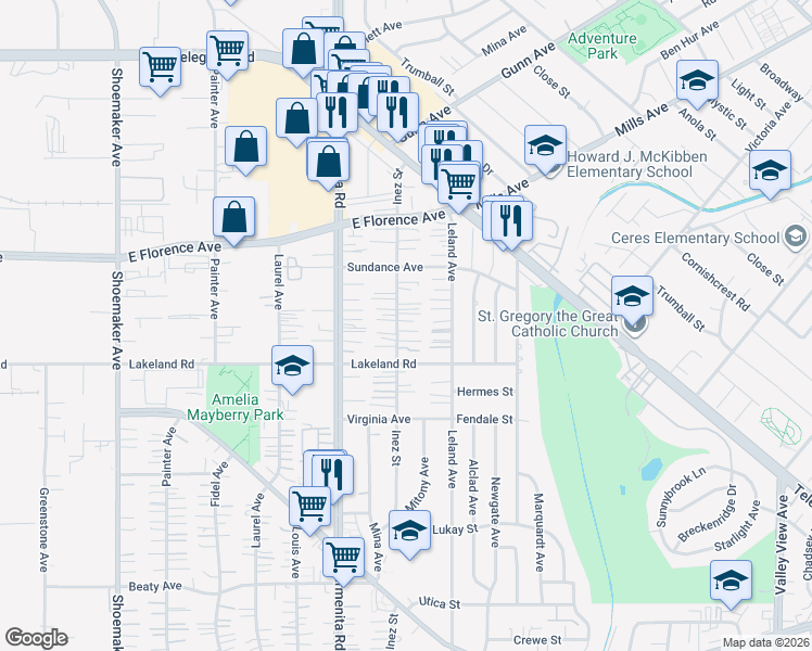 map of restaurants, bars, coffee shops, grocery stores, and more near 10914 Inez Street in Whittier