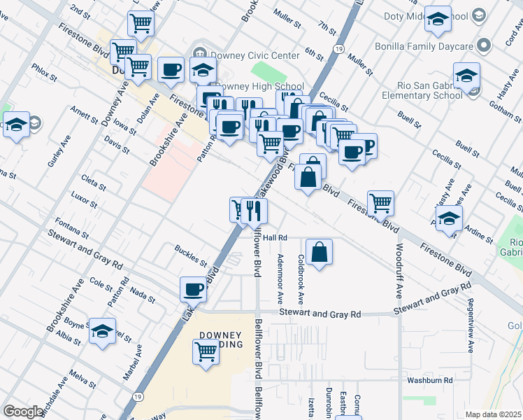 map of restaurants, bars, coffee shops, grocery stores, and more near 11440 Bellflower Boulevard in Downey