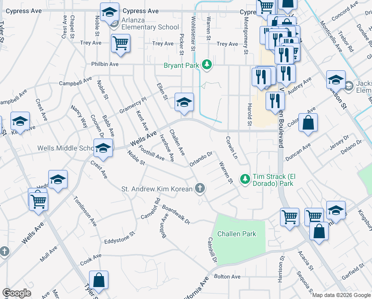 map of restaurants, bars, coffee shops, grocery stores, and more near 5077 Challen Avenue in Riverside