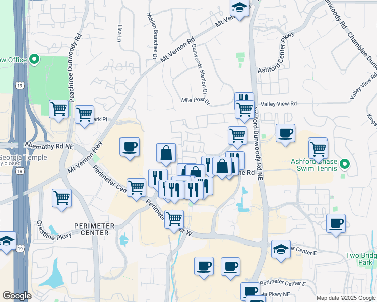 map of restaurants, bars, coffee shops, grocery stores, and more near 4647 Magnolia Commons in Dunwoody