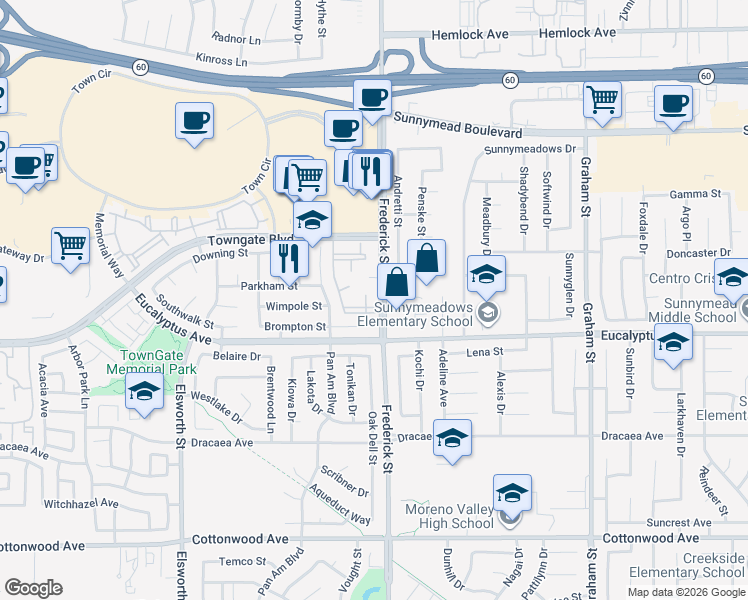map of restaurants, bars, coffee shops, grocery stores, and more near 12881 Frederick Street in Moreno Valley