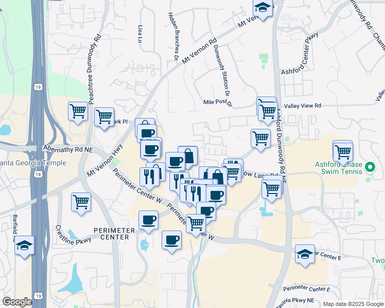 map of restaurants, bars, coffee shops, grocery stores, and more near 4636 Ridgeview Road in Atlanta