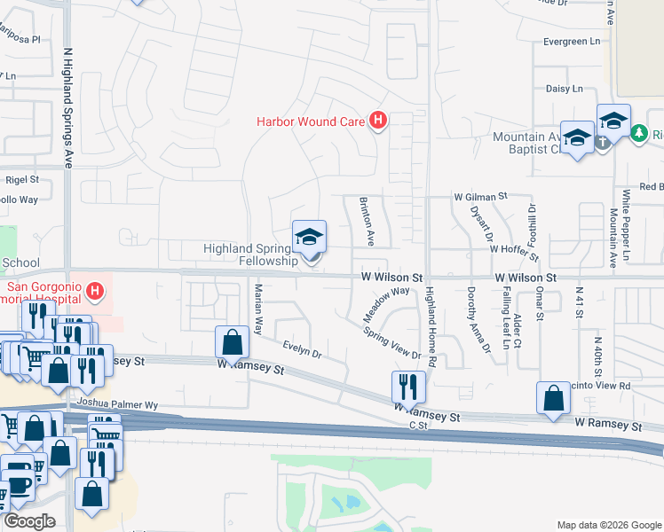 map of restaurants, bars, coffee shops, grocery stores, and more near West Wilson Street in Banning