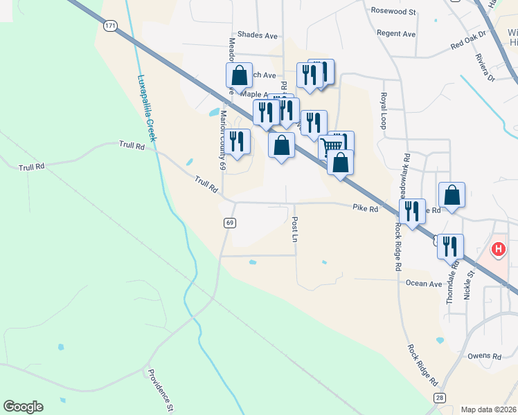 map of restaurants, bars, coffee shops, grocery stores, and more near 539 Pike Road in Winfield