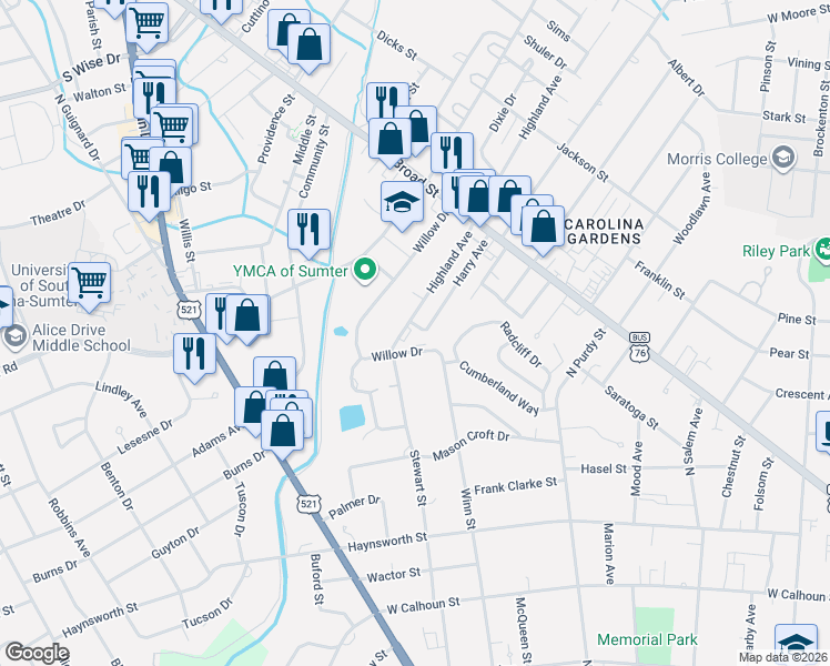 map of restaurants, bars, coffee shops, grocery stores, and more near 21 Highland Avenue in Sumter