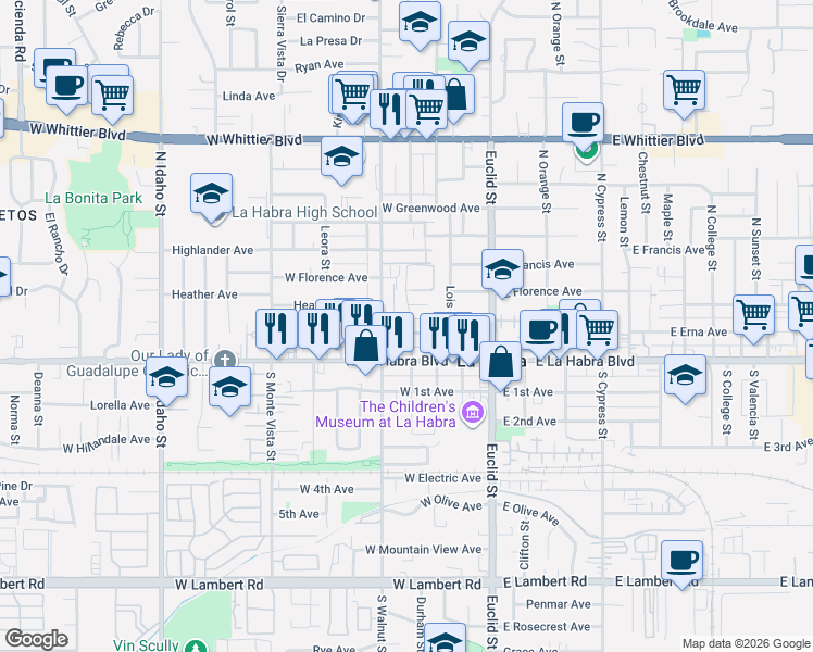 map of restaurants, bars, coffee shops, grocery stores, and more near 401 West Erna Avenue in La Habra