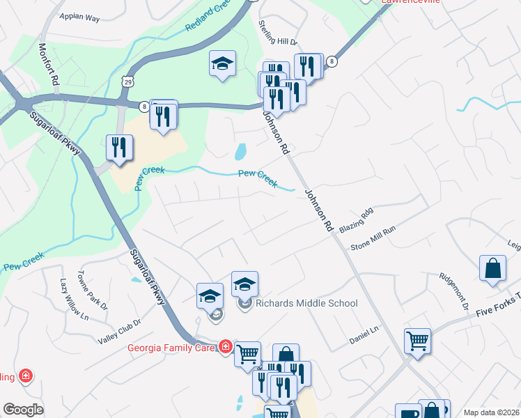 map of restaurants, bars, coffee shops, grocery stores, and more near 205 Grayland Court in Lawrenceville
