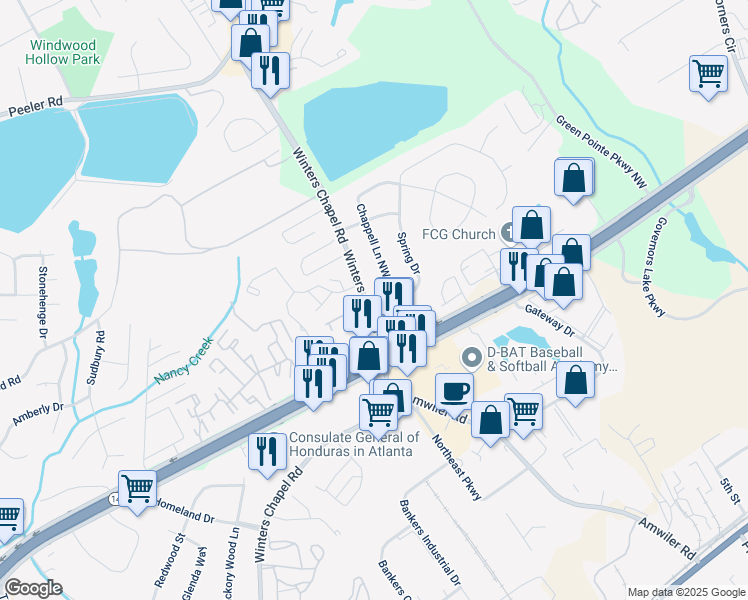 map of restaurants, bars, coffee shops, grocery stores, and more near 4709 Winters Chapel Road in Doraville