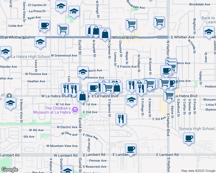 map of restaurants, bars, coffee shops, grocery stores, and more near 201 North Cypress Street in La Habra