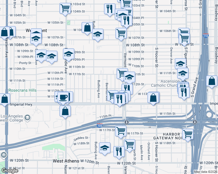 map of restaurants, bars, coffee shops, grocery stores, and more near 1073 West 112th Street in Los Angeles