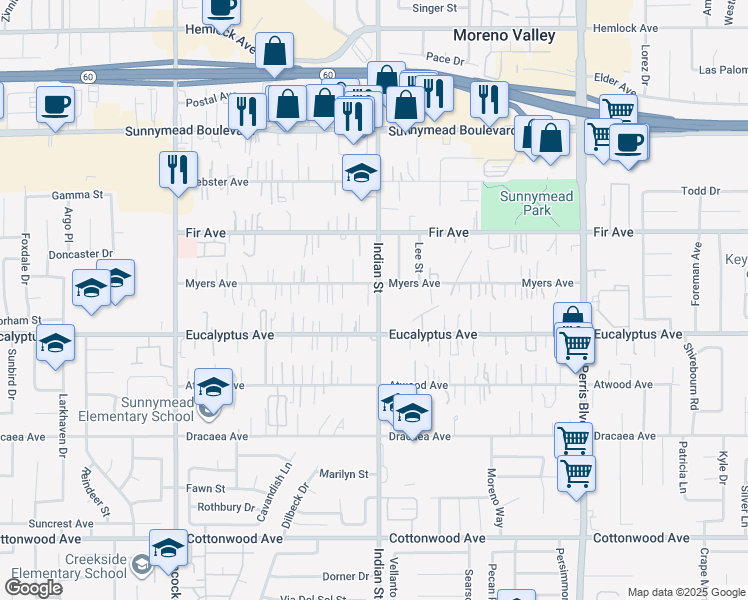map of restaurants, bars, coffee shops, grocery stores, and more near 12917 Indian Street in Moreno Valley