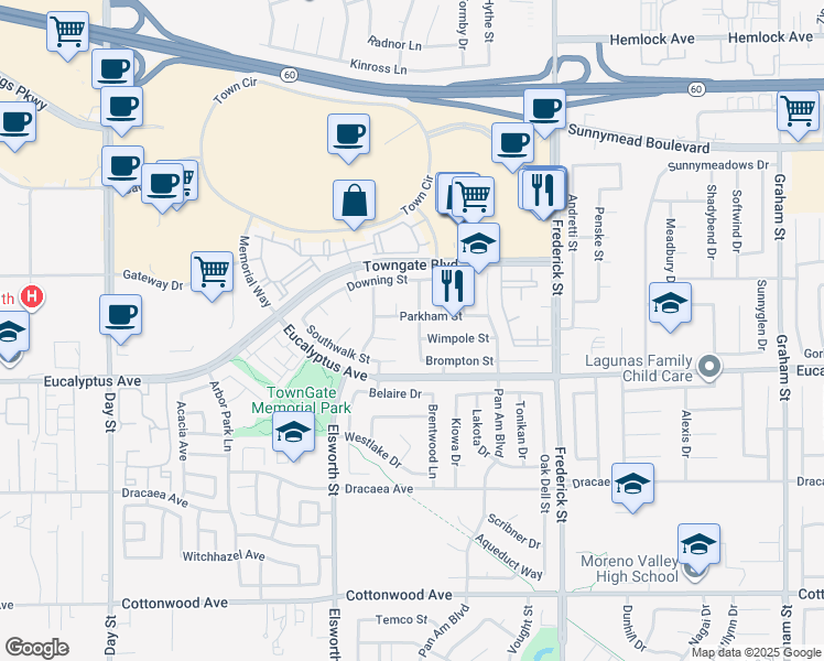 map of restaurants, bars, coffee shops, grocery stores, and more near 12879 Gerrard Street in Moreno Valley