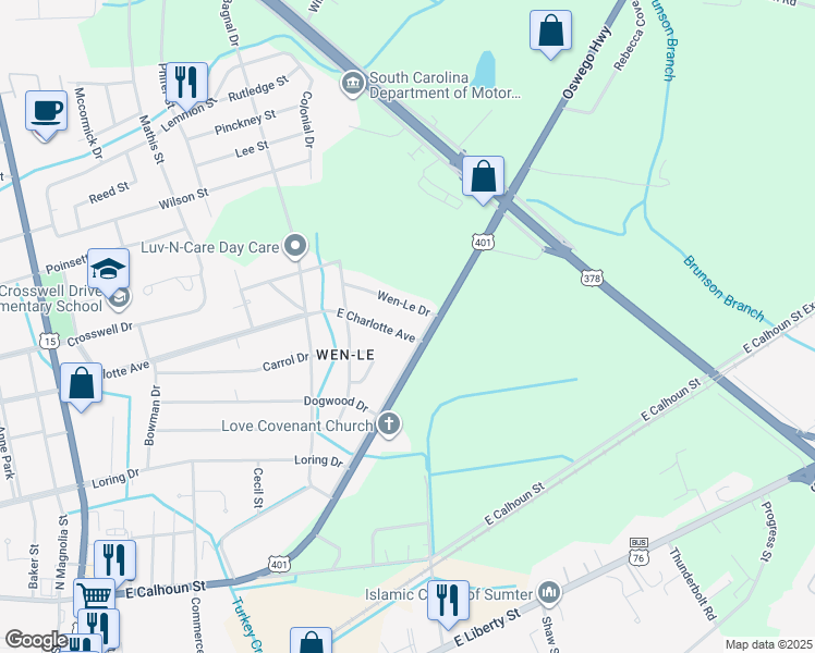 map of restaurants, bars, coffee shops, grocery stores, and more near 729 East Charlotte Avenue in Sumter
