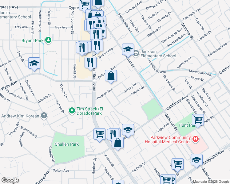 map of restaurants, bars, coffee shops, grocery stores, and more near 4465 Turnbull Road in Riverside