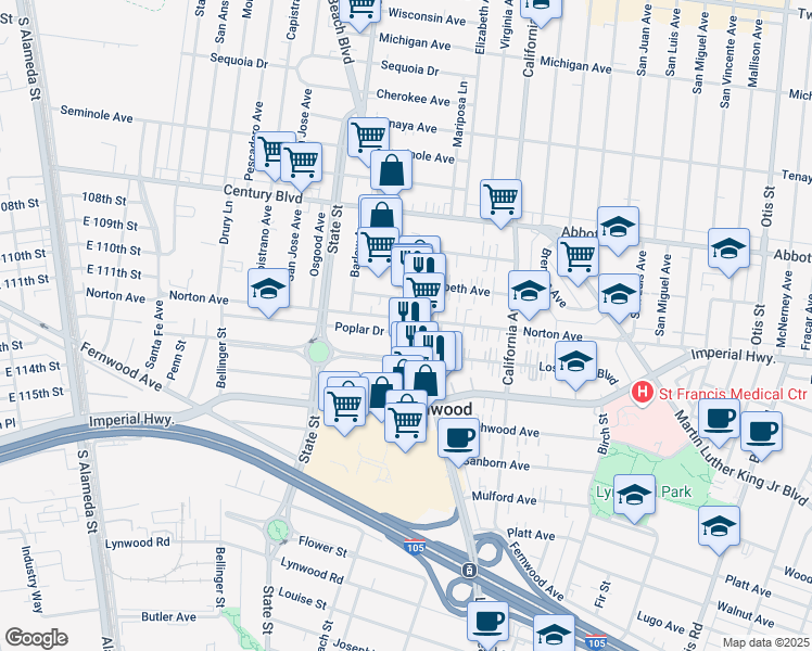 map of restaurants, bars, coffee shops, grocery stores, and more near 11004 Long Beach Boulevard in Lynwood