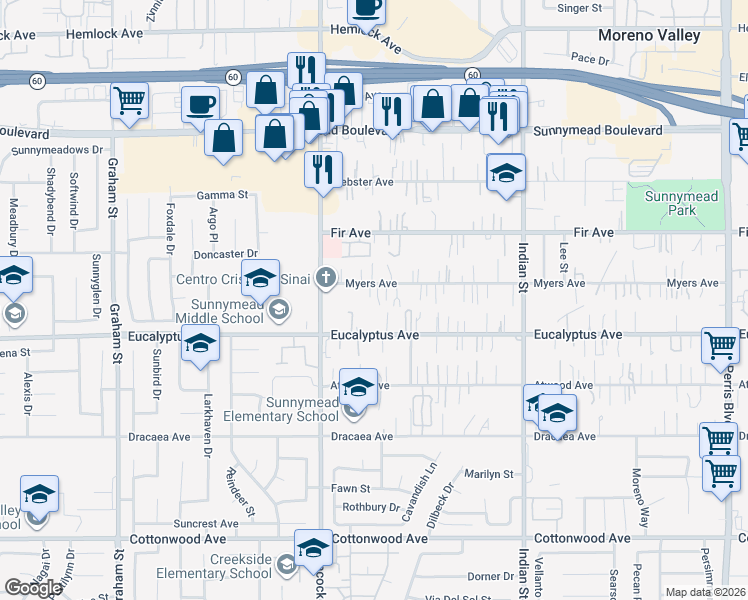 map of restaurants, bars, coffee shops, grocery stores, and more near 24131 Myers Avenue in Moreno Valley