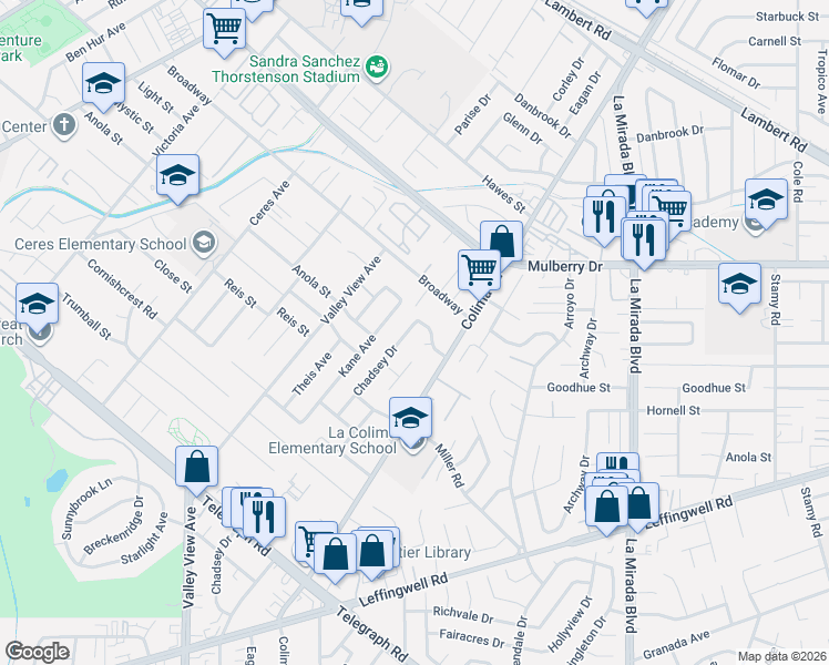 map of restaurants, bars, coffee shops, grocery stores, and more near 11020 Chadsey Drive in Whittier