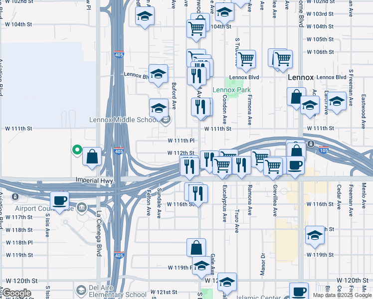 map of restaurants, bars, coffee shops, grocery stores, and more near 4831 West 112th Street in Inglewood