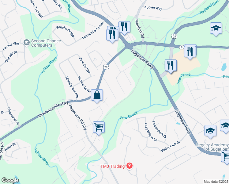 map of restaurants, bars, coffee shops, grocery stores, and more near 91 Davis Mill Court in Lawrenceville