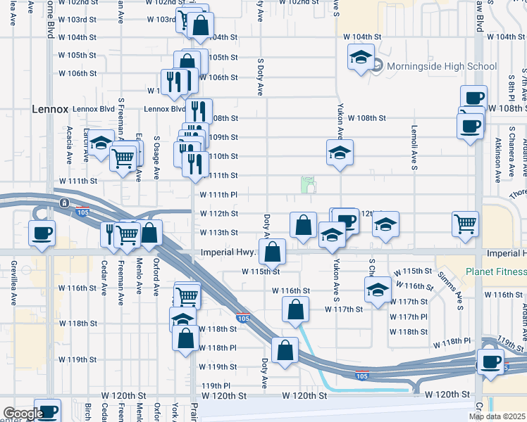 map of restaurants, bars, coffee shops, grocery stores, and more near 11163 Doty Avenue in Inglewood
