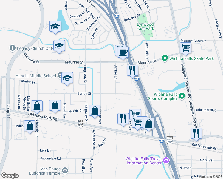 map of restaurants, bars, coffee shops, grocery stores, and more near 1400 Borton Street in Wichita Falls