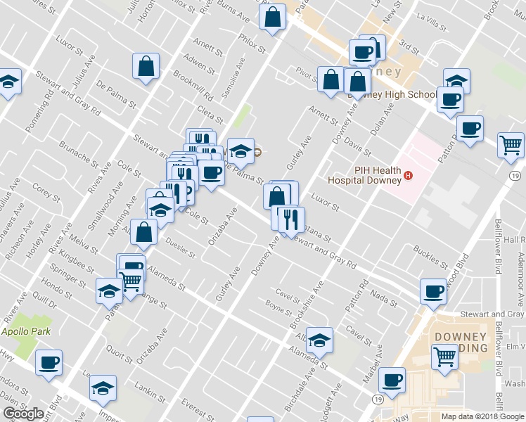 map of restaurants, bars, coffee shops, grocery stores, and more near 8241 Stewart and Gray Road in Downey