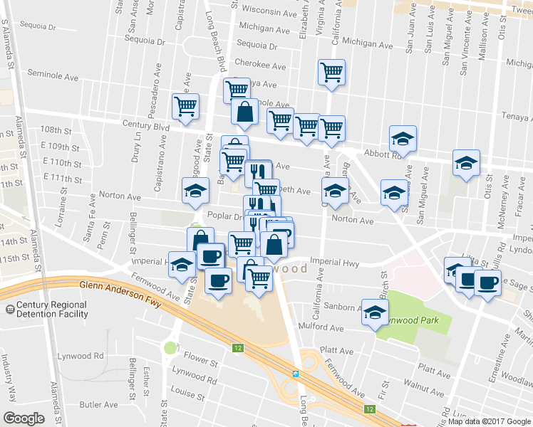 map of restaurants, bars, coffee shops, grocery stores, and more near 11004 Long Beach Boulevard in Lynwood