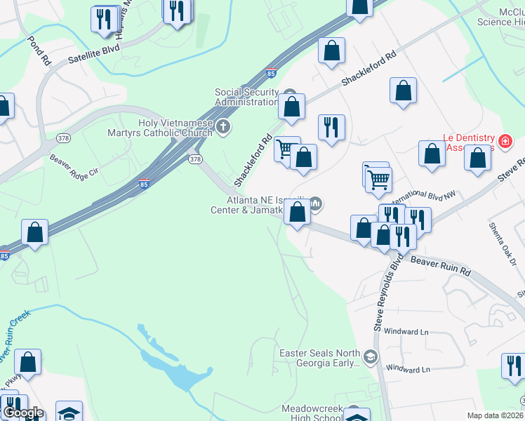 map of restaurants, bars, coffee shops, grocery stores, and more near 1707 Beaver Ruin Road in Norcross