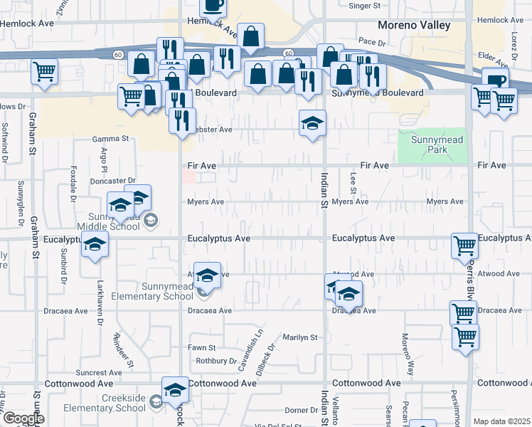 map of restaurants, bars, coffee shops, grocery stores, and more near 12914 Roberts Way in Moreno Valley
